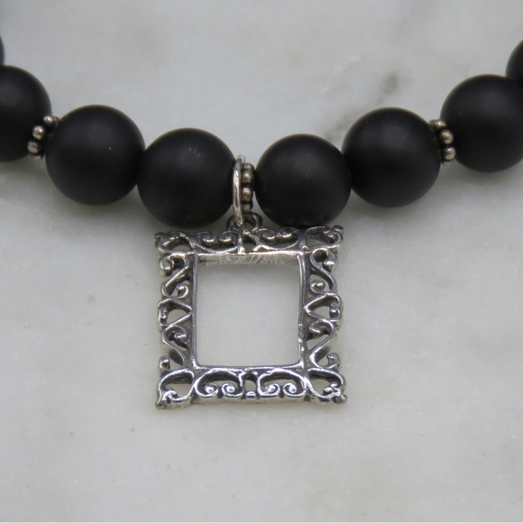 Black Onyx & Sterling Silver Bracelet w/ Antique SS Charm - Picture 3 of 7